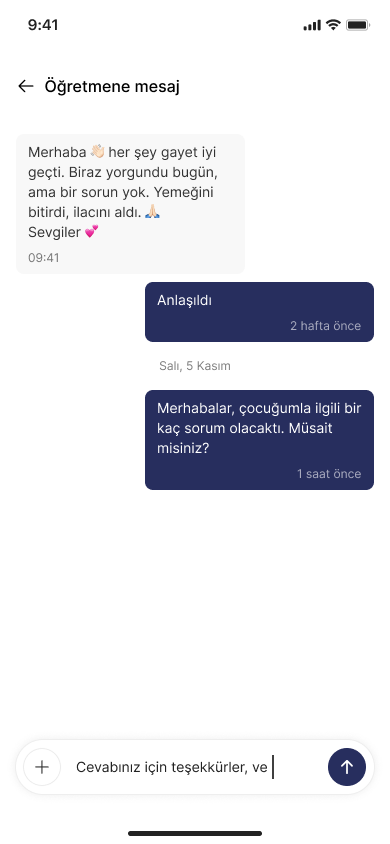 KreşimCepte Mobil Uygulaması Öğretmen Veli arasında mesajlaşma